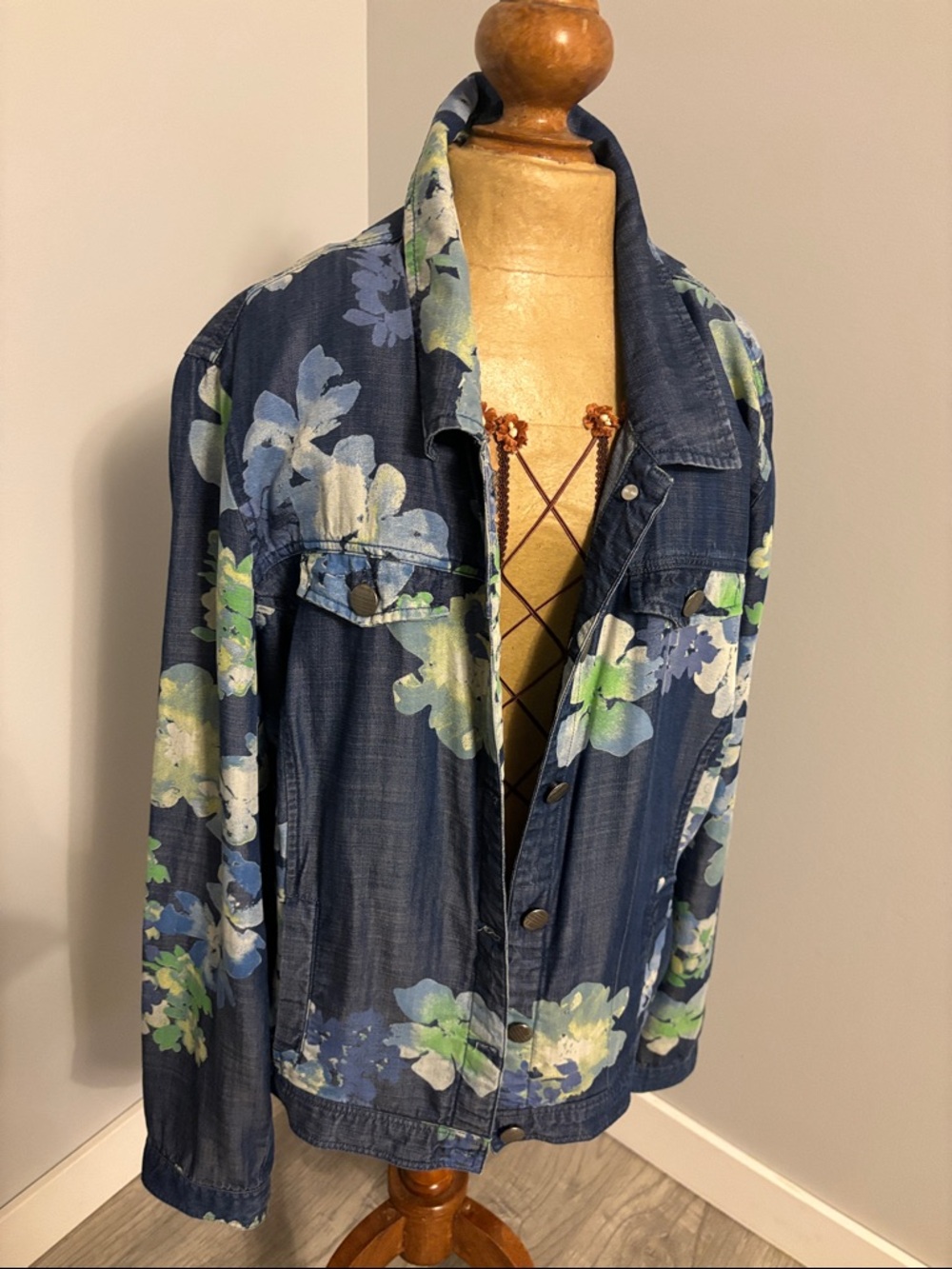 Tribal Navy Floral Denim Jacket - Blue, Green, White